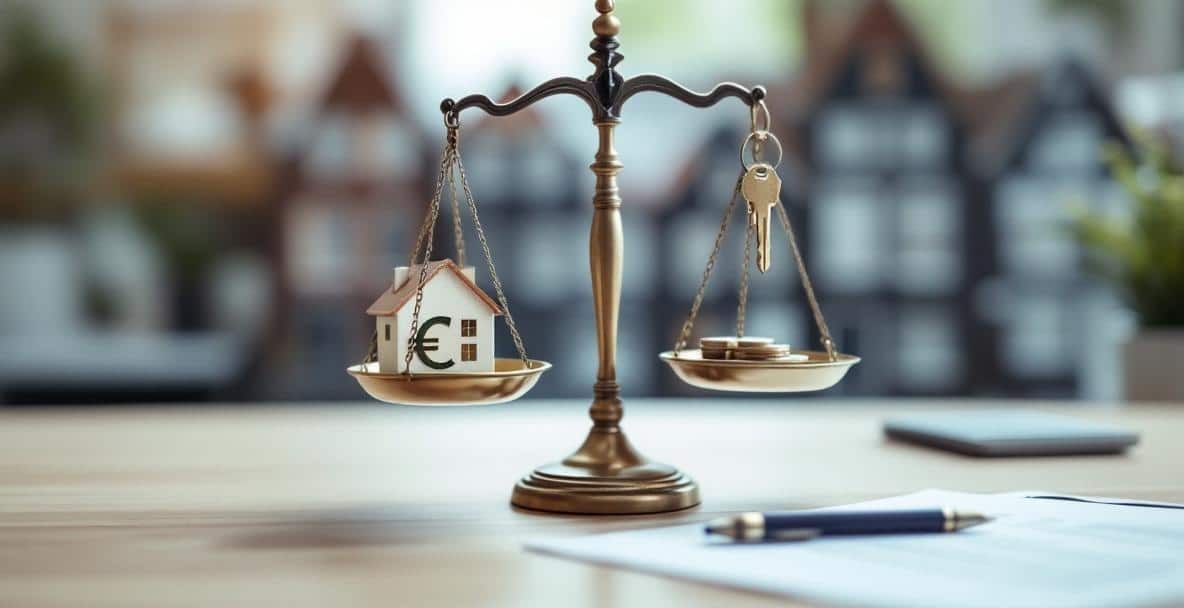 A balanced scale with Euro currency and a house key against a background of Dutch architecture.
