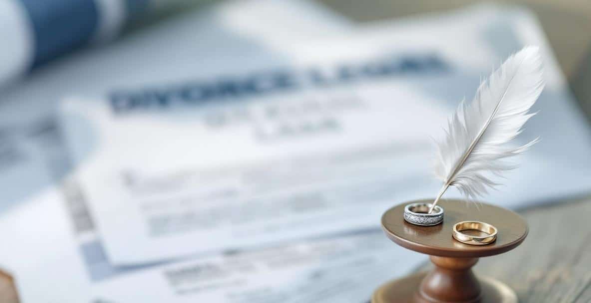 Divorce or Freedom? The Legal Sides of a New Beginning 3 A balanced scale with a broken wedding ring and a feather, set in a legal context.