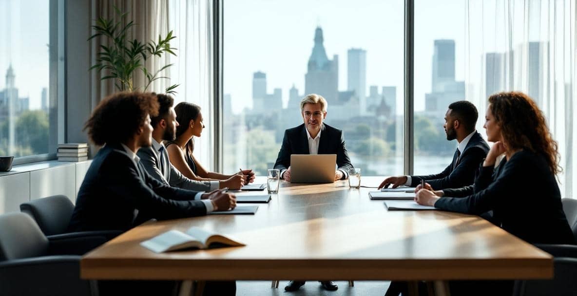 Divorce or Freedom? The Legal Sides of a New Beginning 4 Conference room with diverse group and mediator discussing divorce mediation.