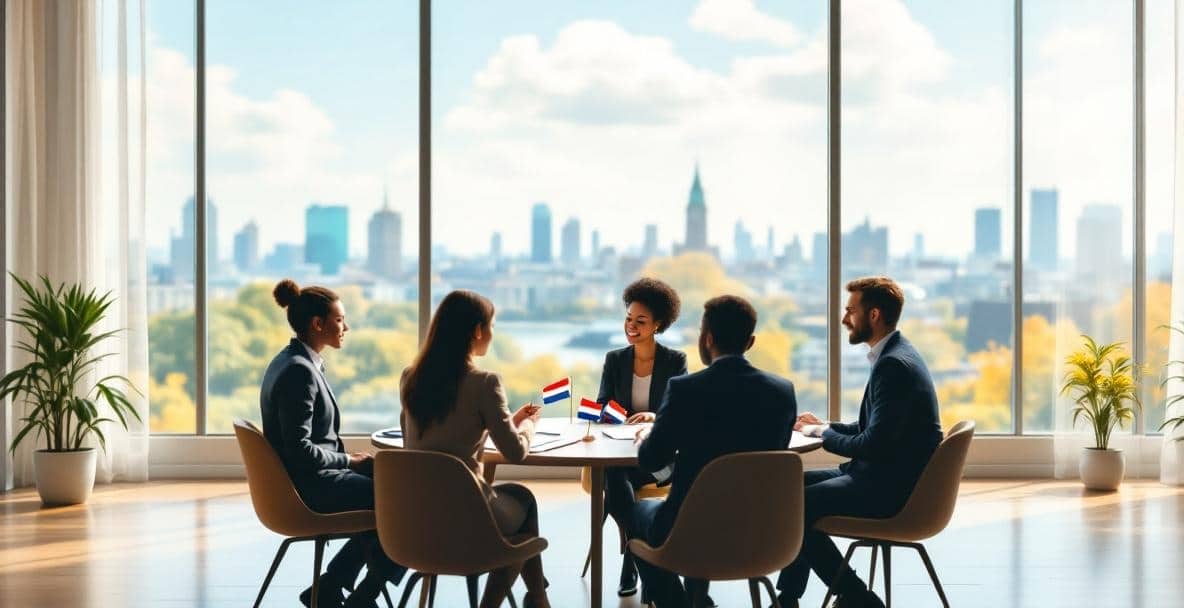 Divorce or Freedom? The Legal Sides of a New Beginning 5 Diverse group in a mediation setting with legal documents and international flags on table.