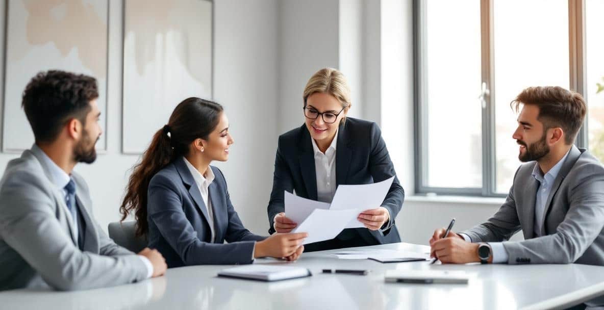 Divorce or Freedom? The Legal Sides of a New Beginning 6 Diverse group in modern office; lawyer explaining documents to attentive clients.