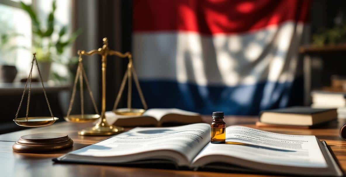 Drug Offences in the Netherlands: What Is Legal and What Is Not? 3 Legal office with Dutch flag, law books, justice scale, and cannabis bottle depicting drug laws.