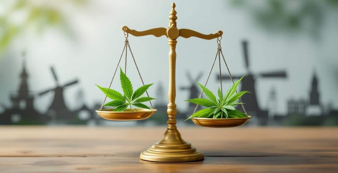 Drug Offences in the Netherlands: What Is Legal and What Is Not? 4 Balanced scale with cannabis leaves and Dutch landmarks, symbolizing Dutch drug law complexity.