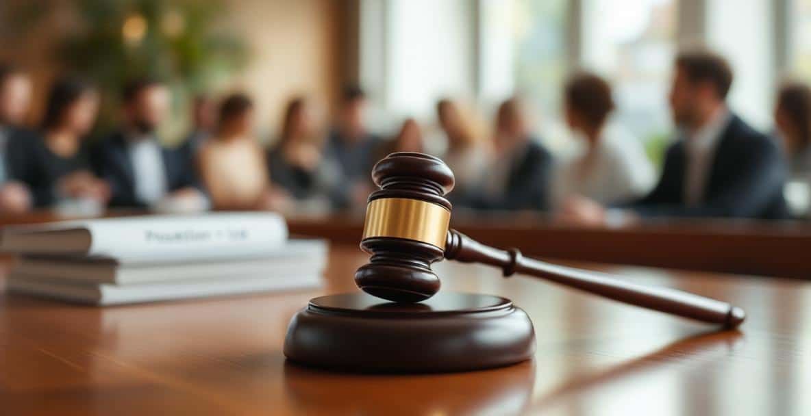 Drug Offences in the Netherlands: What Is Legal and What Is Not? 5 Dutch courtroom with judge's gavel and legal documents on possession and use, audience in background.