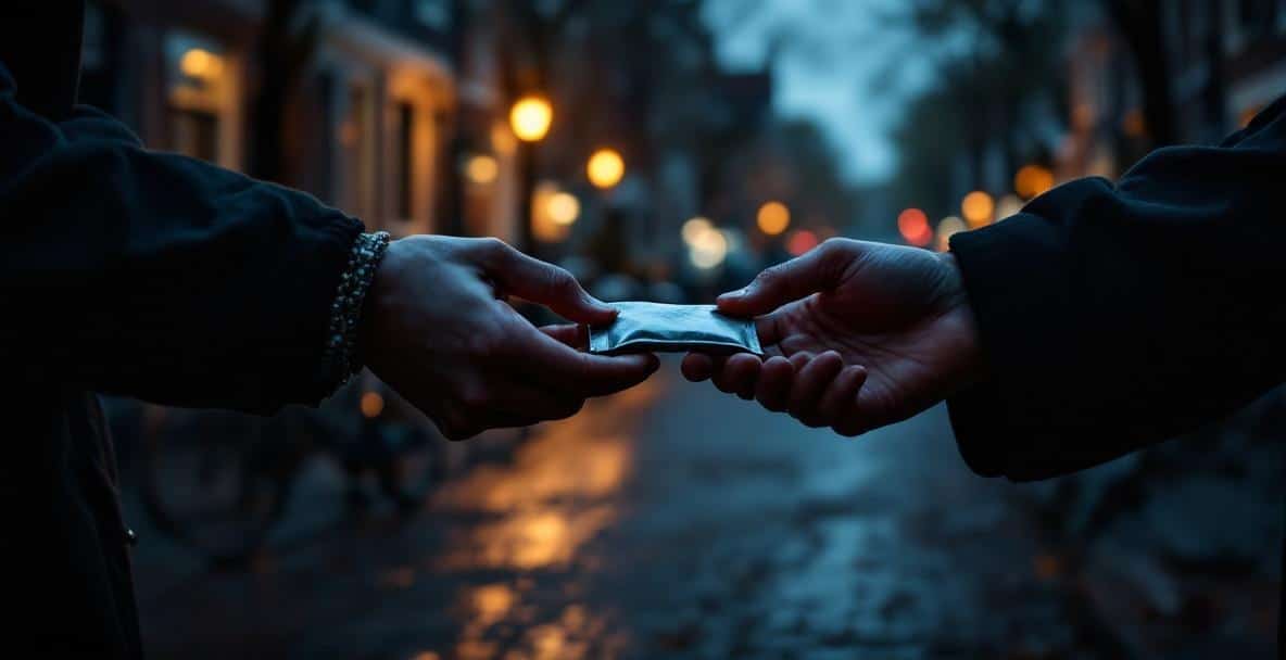 Drug Offences in the Netherlands: What Is Legal and What Is Not? 6 Two hands exchange a small packet on a dimly lit Dutch street, symbolizing drug trafficking.