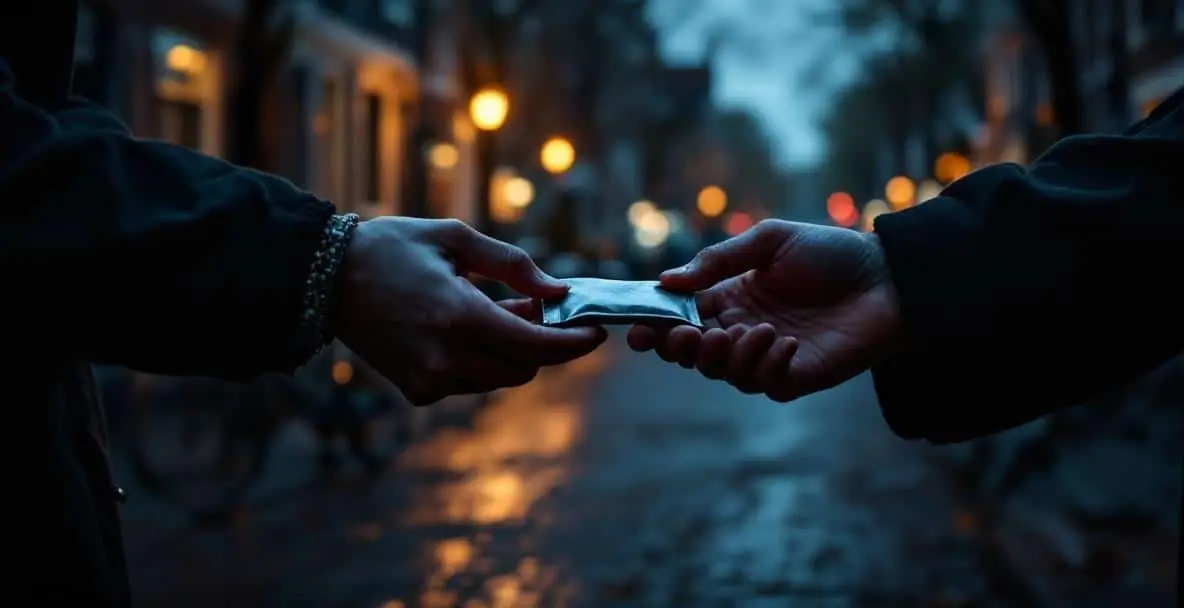 Two hands exchange a small packet on a dimly lit Dutch street, symbolizing drug trafficking.