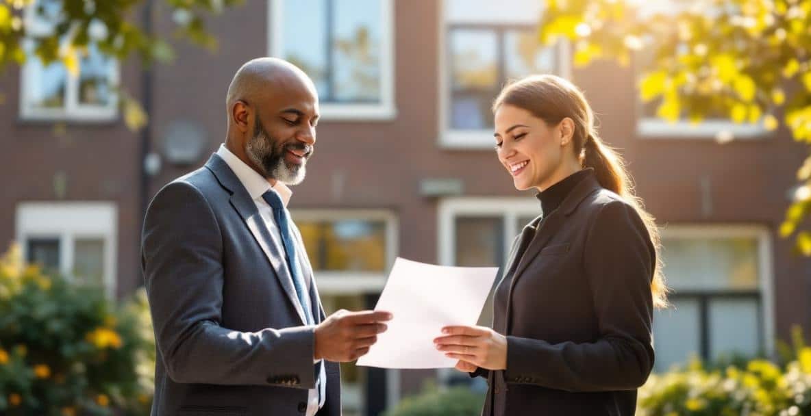 Dutch Tenancy Law Explained: Rights and Responsibilities 5 Landlord with lease and tenant in front of Dutch brick building, large windows visible.