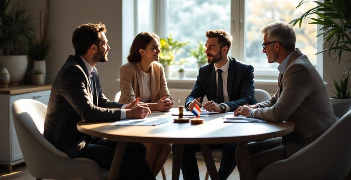 Dutch Tenancy Law Explained: Rights and Responsibilities 6 Diverse group discussing tenancy law at a wooden table with a Dutch lawyer, documents, and a small Dutch flag.