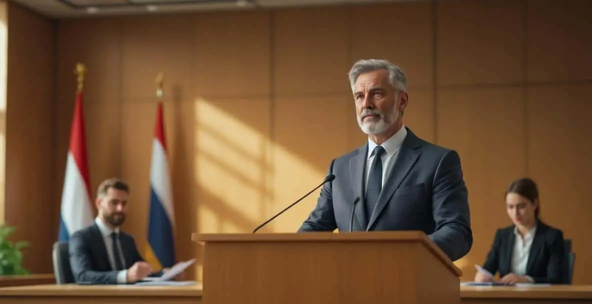 En auslännesche Mann an engem hollännesche Geriichtssall, steet op engem Podium mat zwéi Affekoten hannert him.