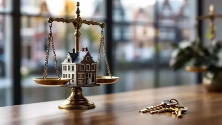 Scales of justice with model houses and a set of keys, illustrating tenancy law in Eindhoven and Amsterdam