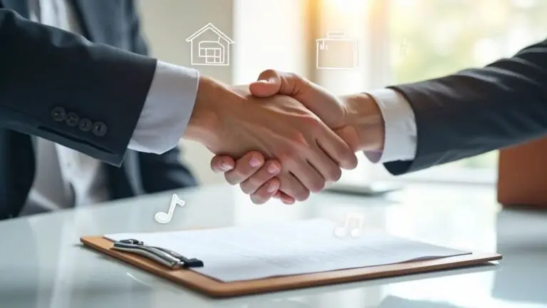 A handshake over a signed document, with small business icons around it
