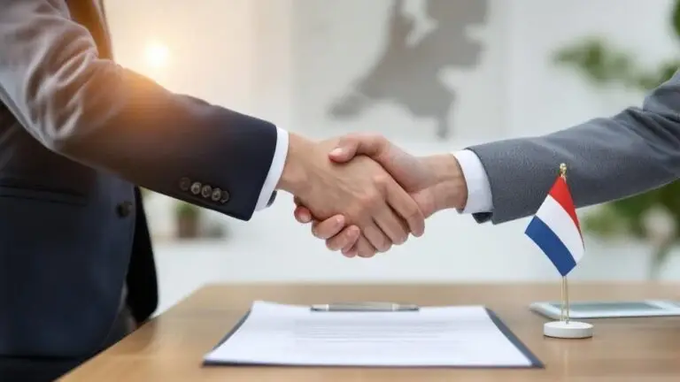 A handshake beside a document and a small Dutch flag