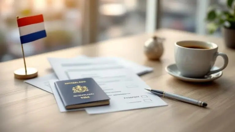 Passport and small Dutch flag beside a cup of coffee on a desk, illustrating Netherlands work visa requirements