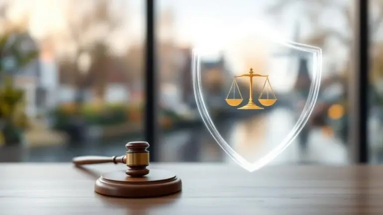 Glowing shield bearing scales of justice beside a gavel, representing legal insurance in the Netherlands