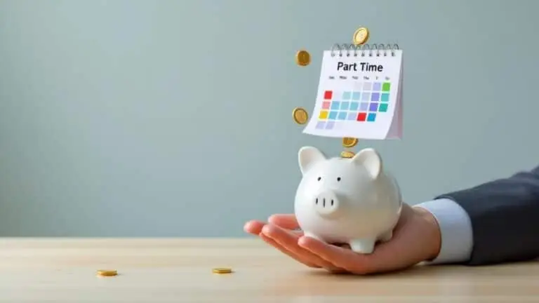 Hands holding a piggy bank beside a calendar, illustrating paid time off for part-time employees