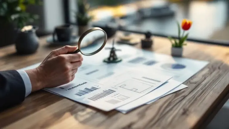 Magnifying glass over financial charts and reports on a desk, illustrating a due diligence investigation