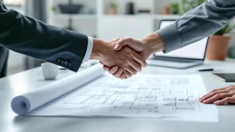A handshake over a set of technical drawings