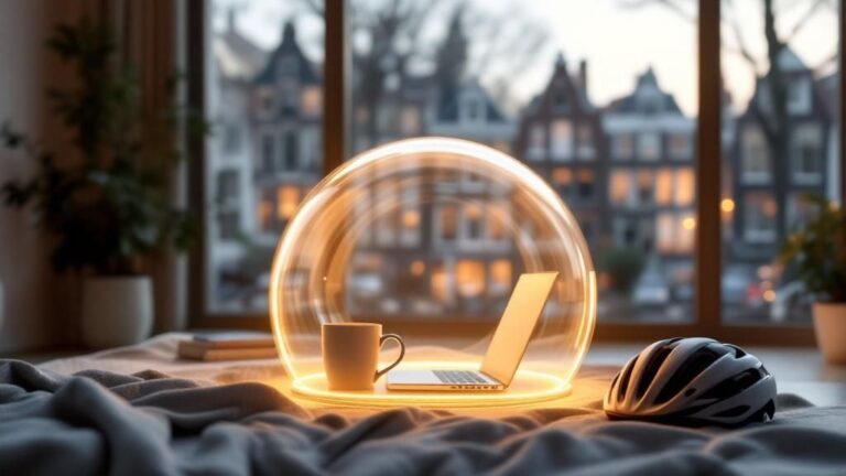 Glowing umbrella symbol on a desk in a modern office, representing liability insurance in the Netherlands