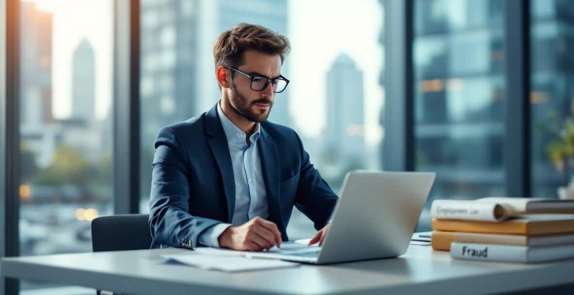 Fraud and Financial Crime: Dutch Legal Approach 4 Dutch lawyer in business suit at desk reviewing employment law and fraud documents.