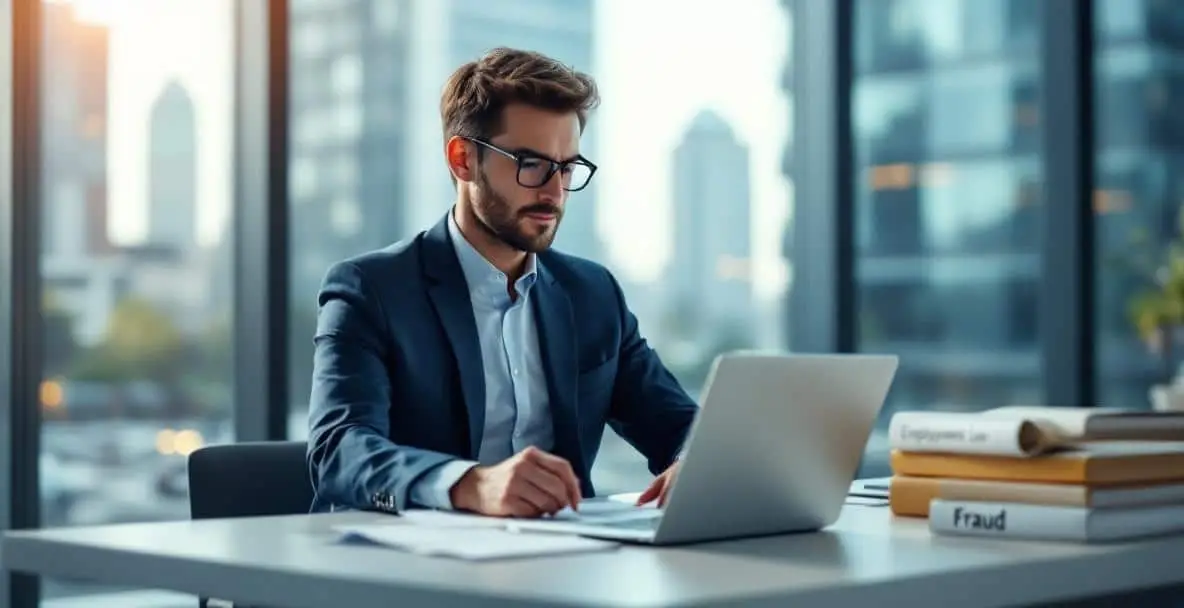 Fraud and Financial Crime: Dutch Legal Approach 2 Dutch lawyer in business suit at desk reviewing employment law and fraud documents.