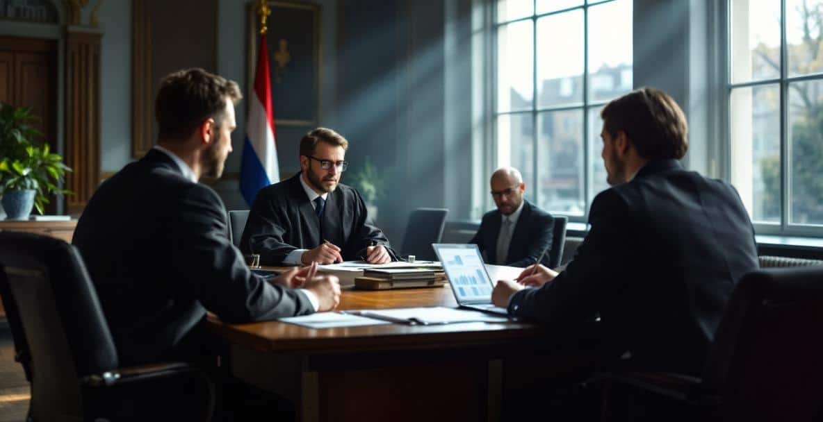 Fraud and Financial Crime: Dutch Legal Approach 5 Dutch courtroom scene with judge, lawyers, and defendant discussing financial fraud.