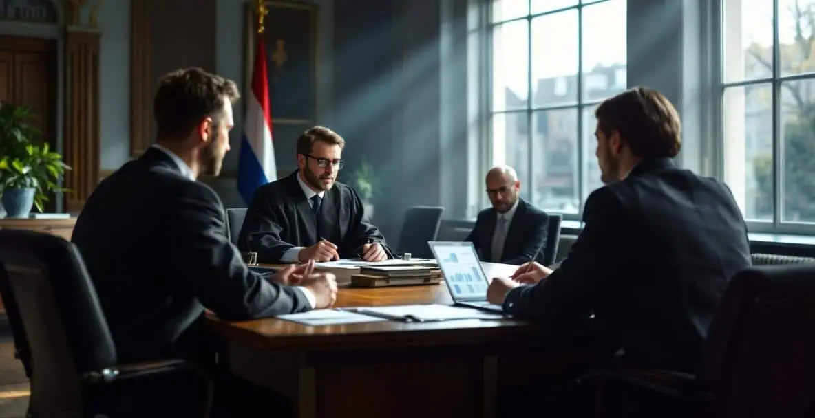 Fraud and Financial Crime: Dutch Legal Approach 3 Dutch courtroom scene with judge, lawyers, and defendant discussing financial fraud.