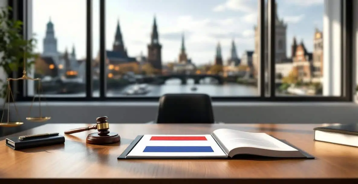 So navigieren Sie effektiv durch das niederländische Prozessrecht 1 Moderne niederländische Anwaltskanzlei mit Schreibtisch, juristischen Büchern, Dokument mit niederländischer Flagge, Hammer, Waage und Blick auf die Skyline der Stadt.