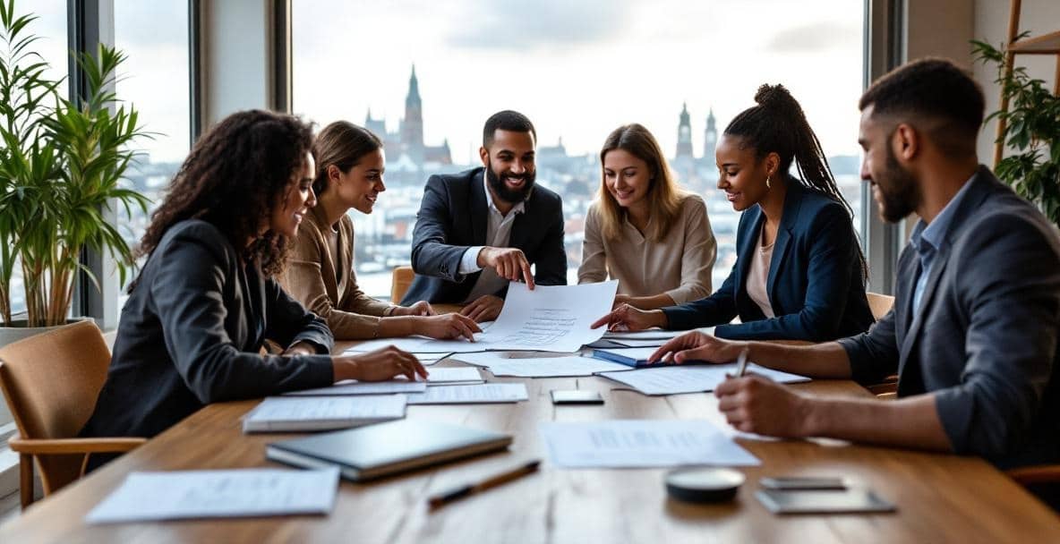 Diverse group discussing legal documents in a modern Dutch law office.