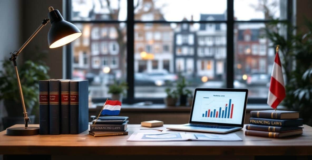 Professional Dutch legal office with law books, laptop, and Amsterdam canal view.