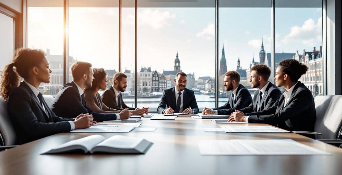 Modern meeting room with a conference table and view of Dutch cityscape.