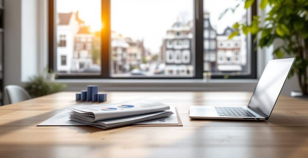 Modern office with legal documents on Dutch law and a laptop showing charts, Amsterdam cityscape in view.