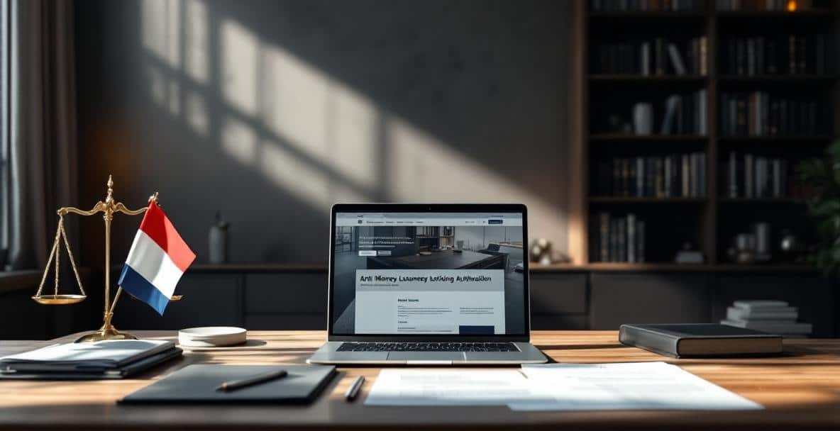 Modern Dutch law office desk with legal documents, laptop on anti-money laundering, and Dutch flag.