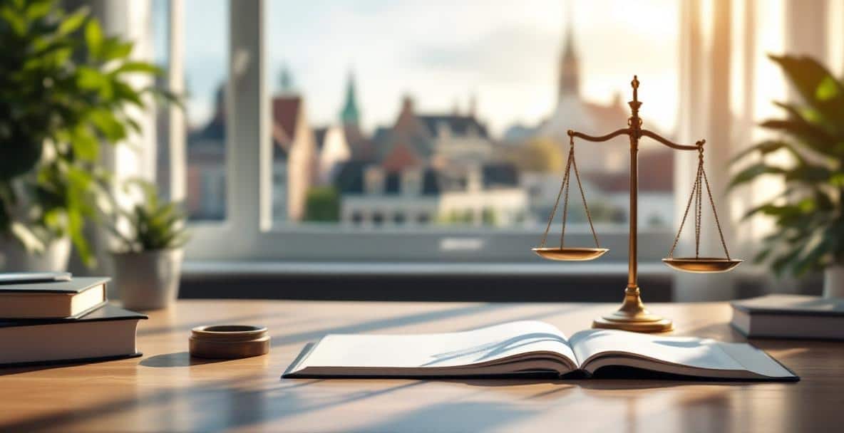 Formal legal office with a wooden desk, legal documents, law book, and justice scale in the Netherlands.