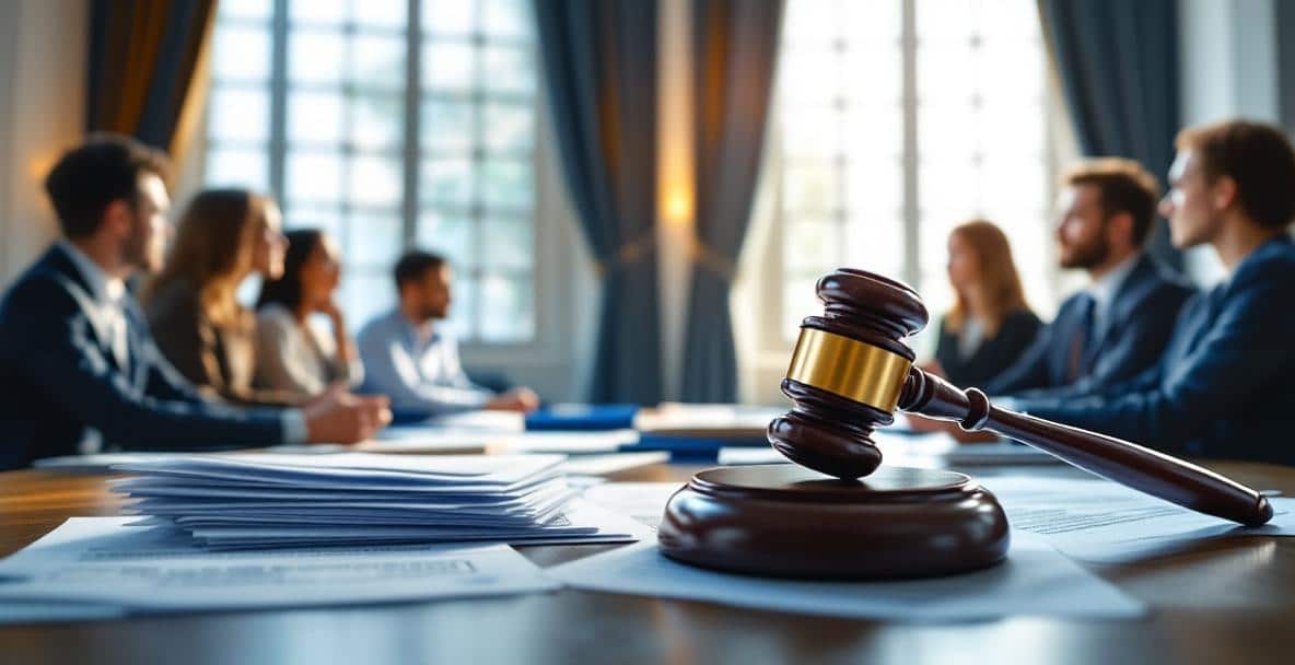 Courtroom scene with gavel, legal documents, and a diverse group discussing flexible worker rights and property law.