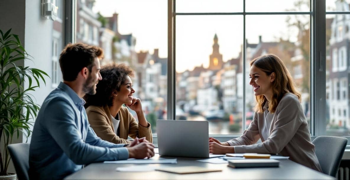 Navigating Dutch Immigration Law for Highly Skilled Migrants 3 A diverse group discusses migration with a consultant in a modern Dutch office, canal view visible.