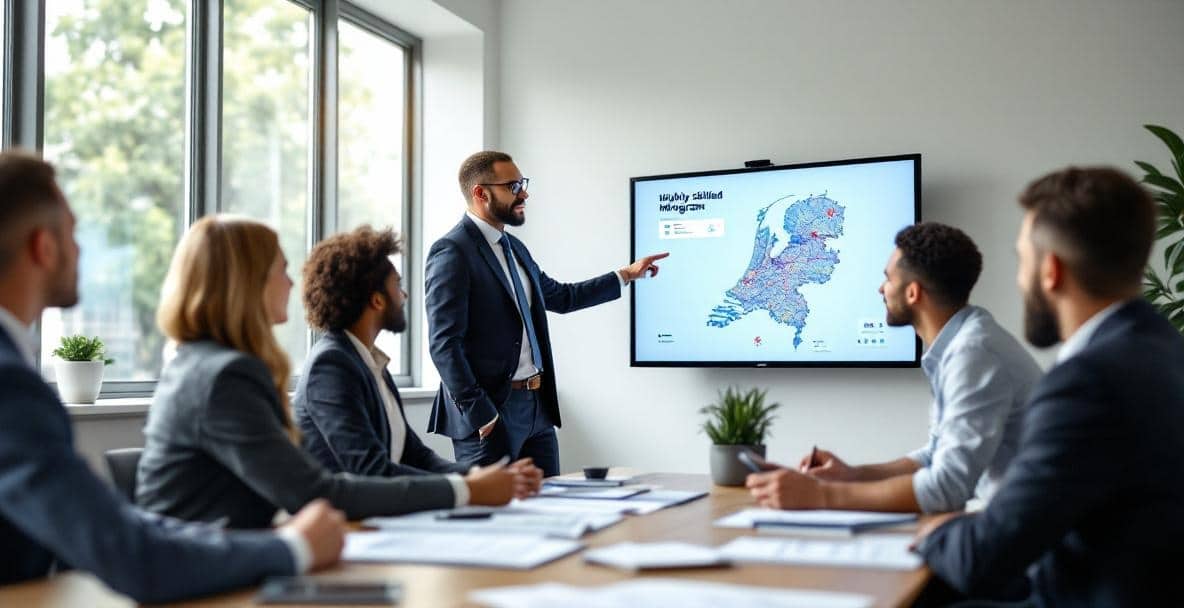 Navigating Dutch Immigration Law for Highly Skilled Migrants 4 Diverse group discusses Dutch Highly Skilled Migrant Program with legal expert in modern office.