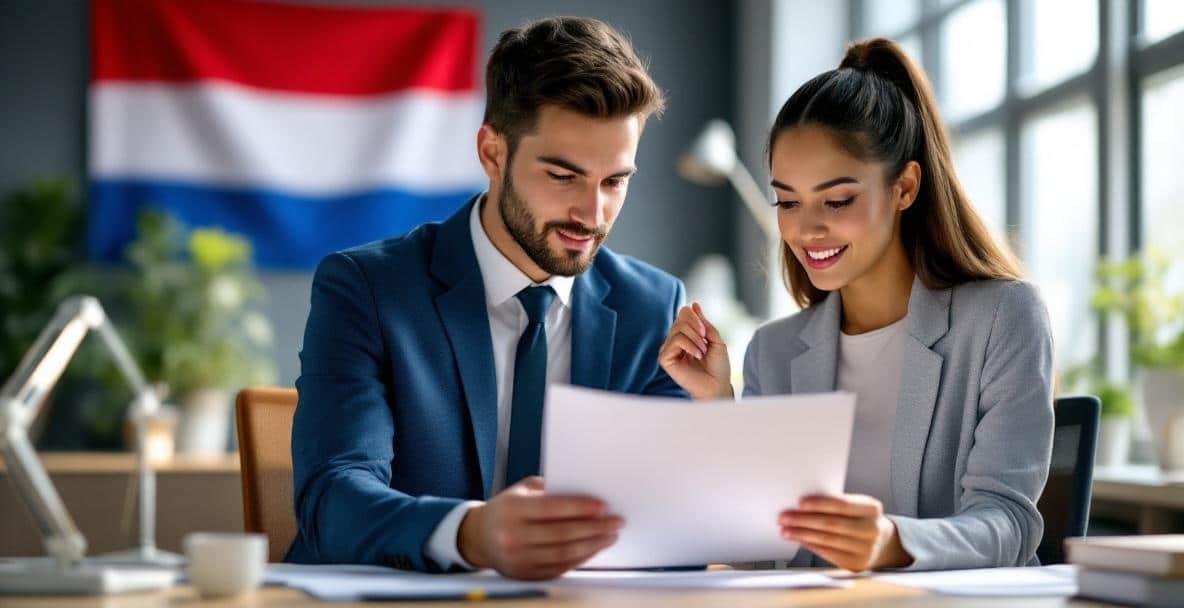 Navigating Dutch Immigration Law for Highly Skilled Migrants 5 Two professionals review work visa documents in a modern office with a Dutch flag visible.