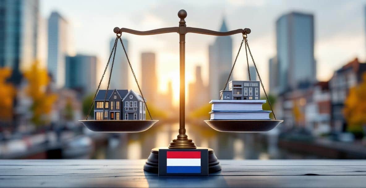 Scales of justice with buildings and documents representing Dutch construction law, flags below, cityscape backdrop.