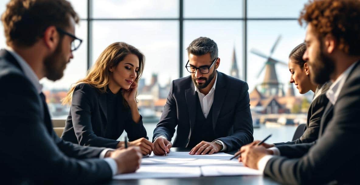 Professionals discuss Dutch Construction Law 2025 in a modern office with Dutch cityscape in background.