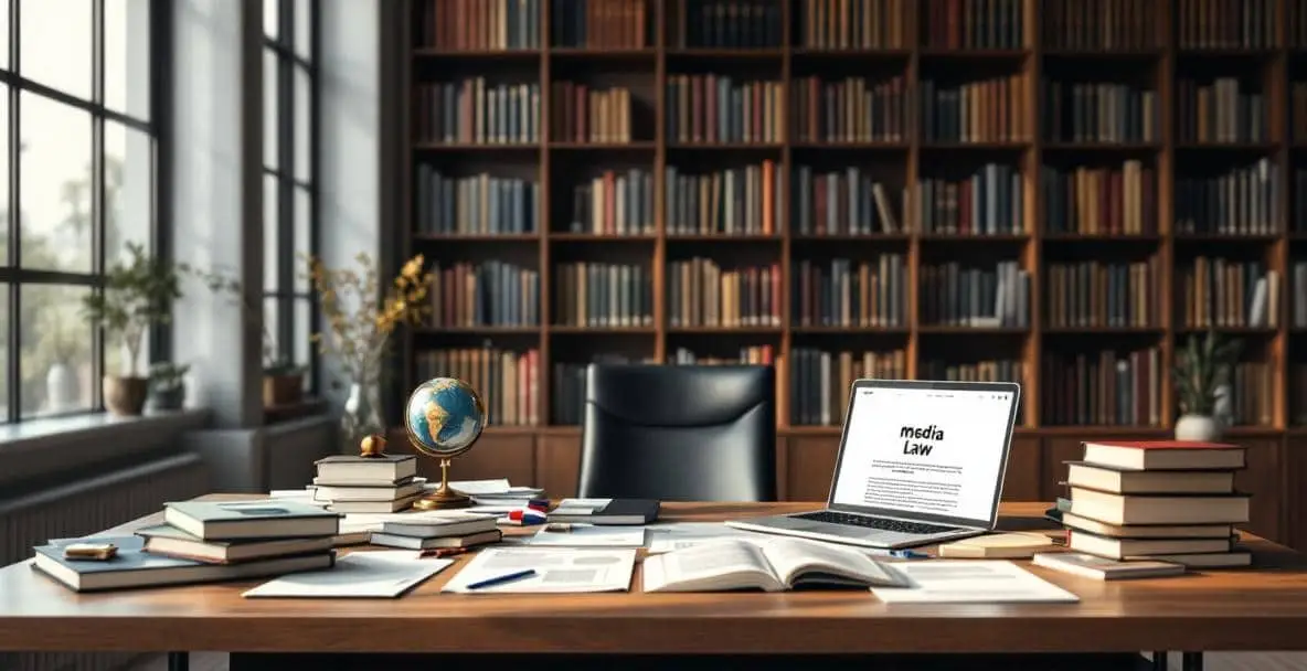 Top 10 Mistakes in Media Law and How to Avoid Them 1 Sophisticated law office with wooden desk, legal books, Dutch flag, and laptop on media law.