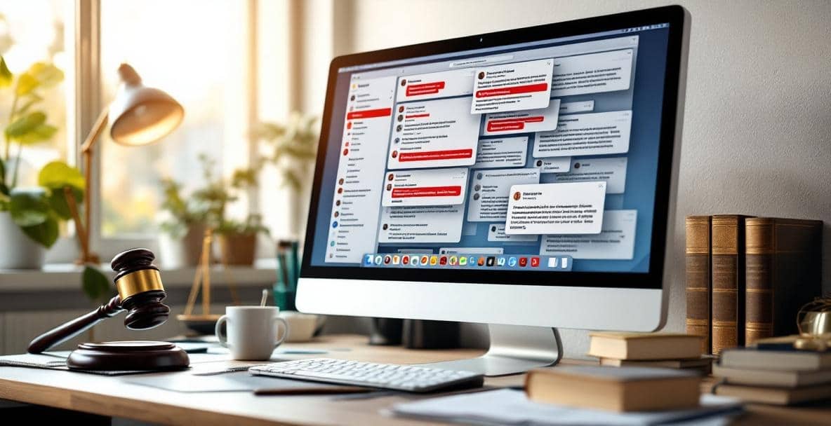 Top 10 Mistakes in Media Law and How to Avoid Them 5 Desktop with a cluttered inbox on a monitor, gavel, and legal books symbolizing media law issues.