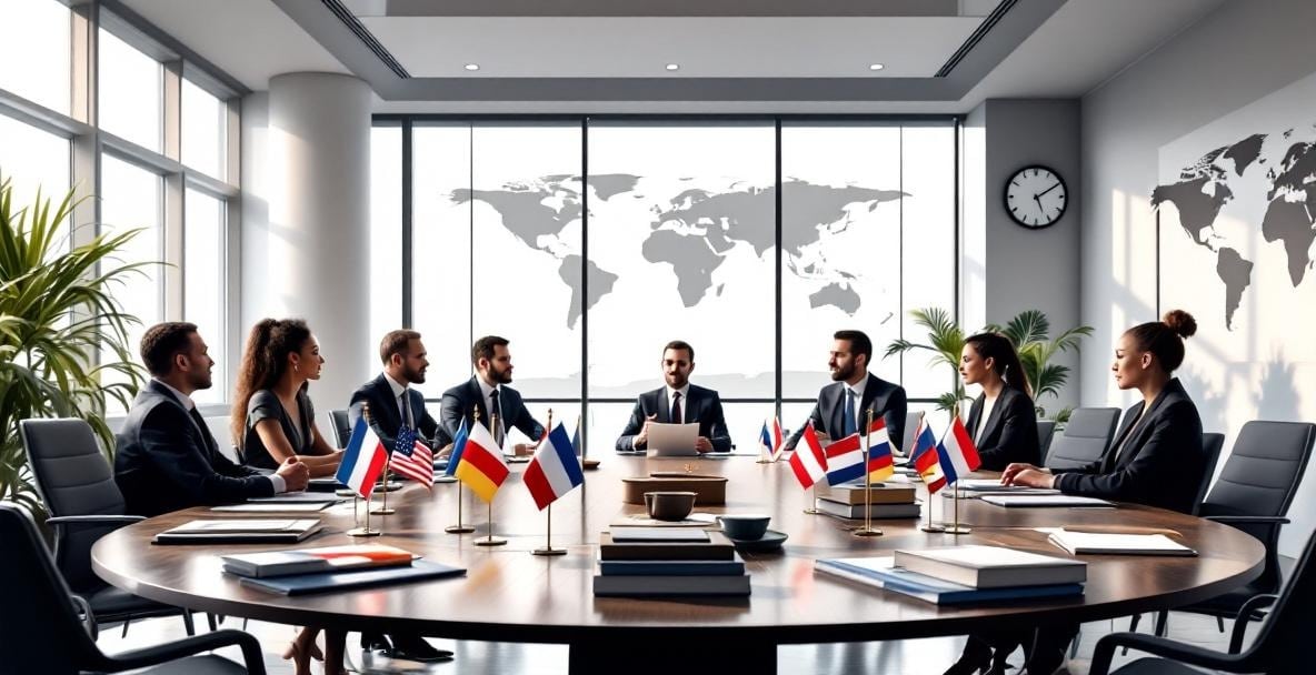 Top 10 Mistakes in Media Law and How to Avoid Them 6 Modern conference room with diverse professionals discussing international legal matters.