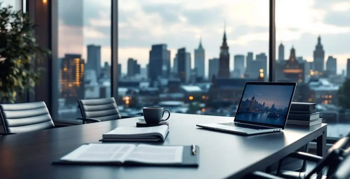 Le principali tendenze del diritto societario olandese da tenere d'occhio nel 2025 1 Ufficio moderno con tavolo da conferenza e panorama della città olandese visibile attraverso le ampie finestre.