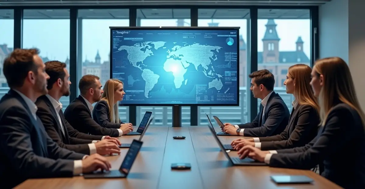 Le principali tendenze del diritto societario olandese da tenere d'occhio nel 2025 2 Moderna sala riunioni con diversi professionisti che utilizzano strumenti digitali e una vista di Amsterdam paesaggio urbano.