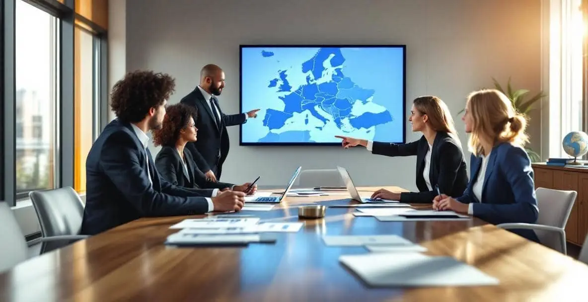Le principali tendenze del diritto societario olandese da tenere d'occhio nel 2025 3 Moderna sala conferenze con team eterogeneo, computer portatili e una mappa digitale dell'Europa con i Paesi Bassi evidenziati.