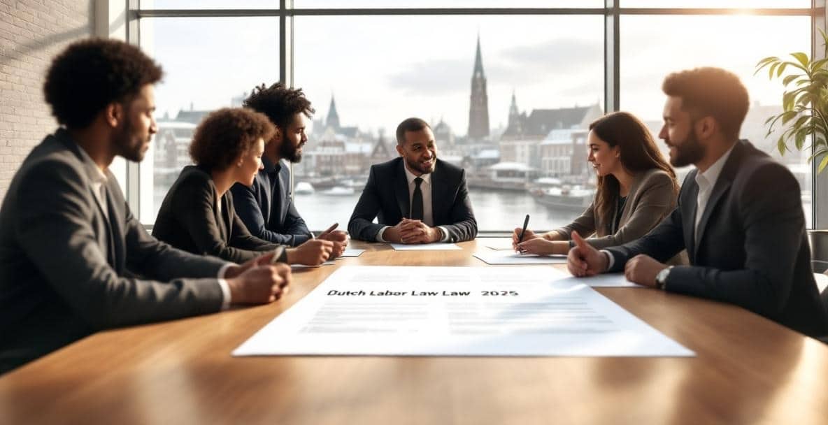 Modern meeting room with professionals discussing Dutch Labor Law 2025 document, cityscape visible through window.