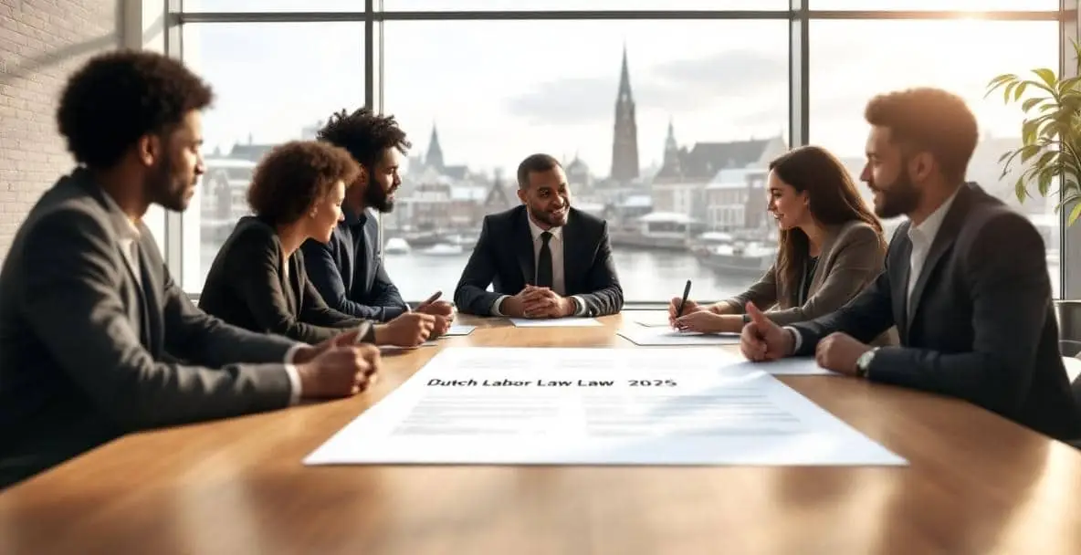 Le principali tendenze del diritto societario olandese da tenere d'occhio nel 2025 4 Moderna sala riunioni con professionisti che discutono del documento sulla legge olandese sul lavoro 2025, con vista sulla città attraverso la finestra.