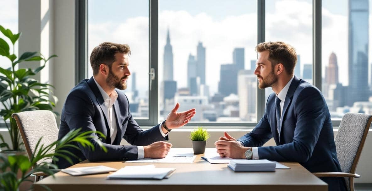 Two professionals discuss a real estate contract in a bright office.