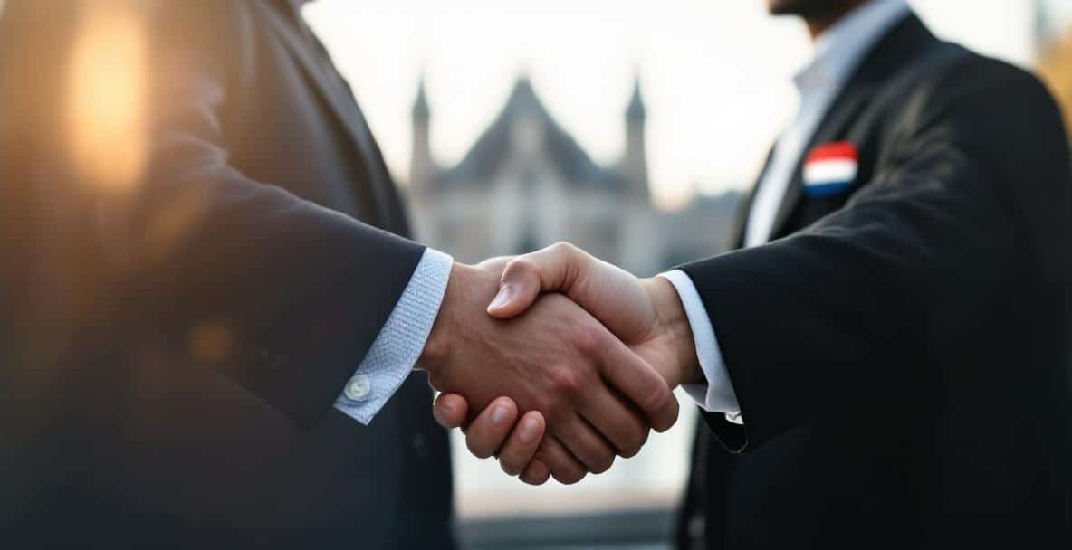 Two people shaking hands, symbolizing a legally binding agreement under Dutch law, with the Peace Palace in the background.