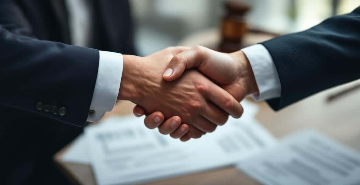 Hands shaking in an oral agreement, with legal documents and a gavel in the background.